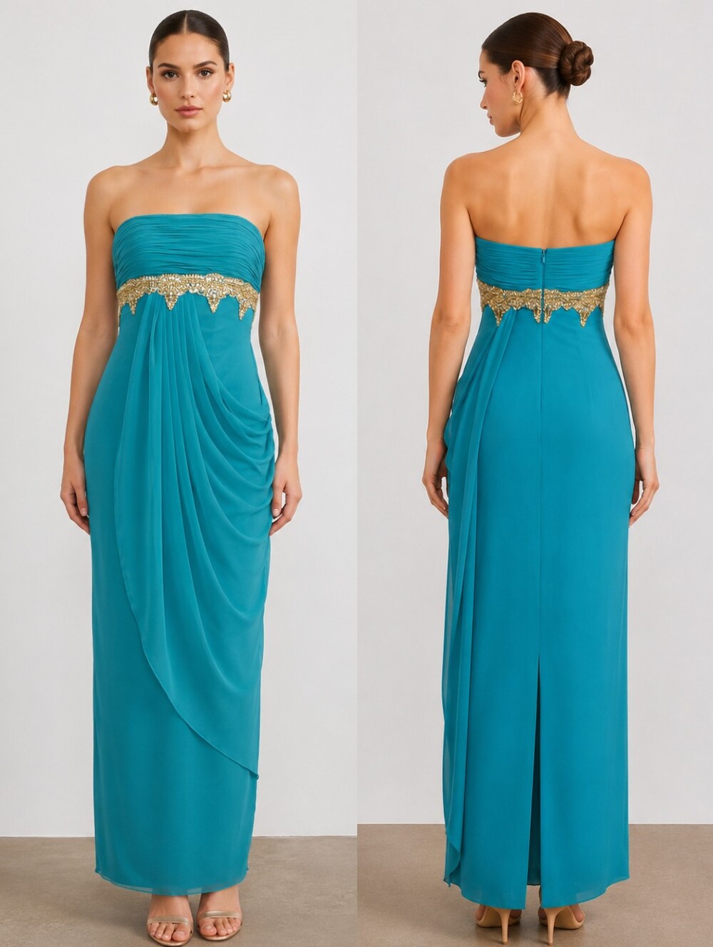 NWT MARCHESA NOTTE Teal Strapless Embellished Empire Waist Silk Evening Dress